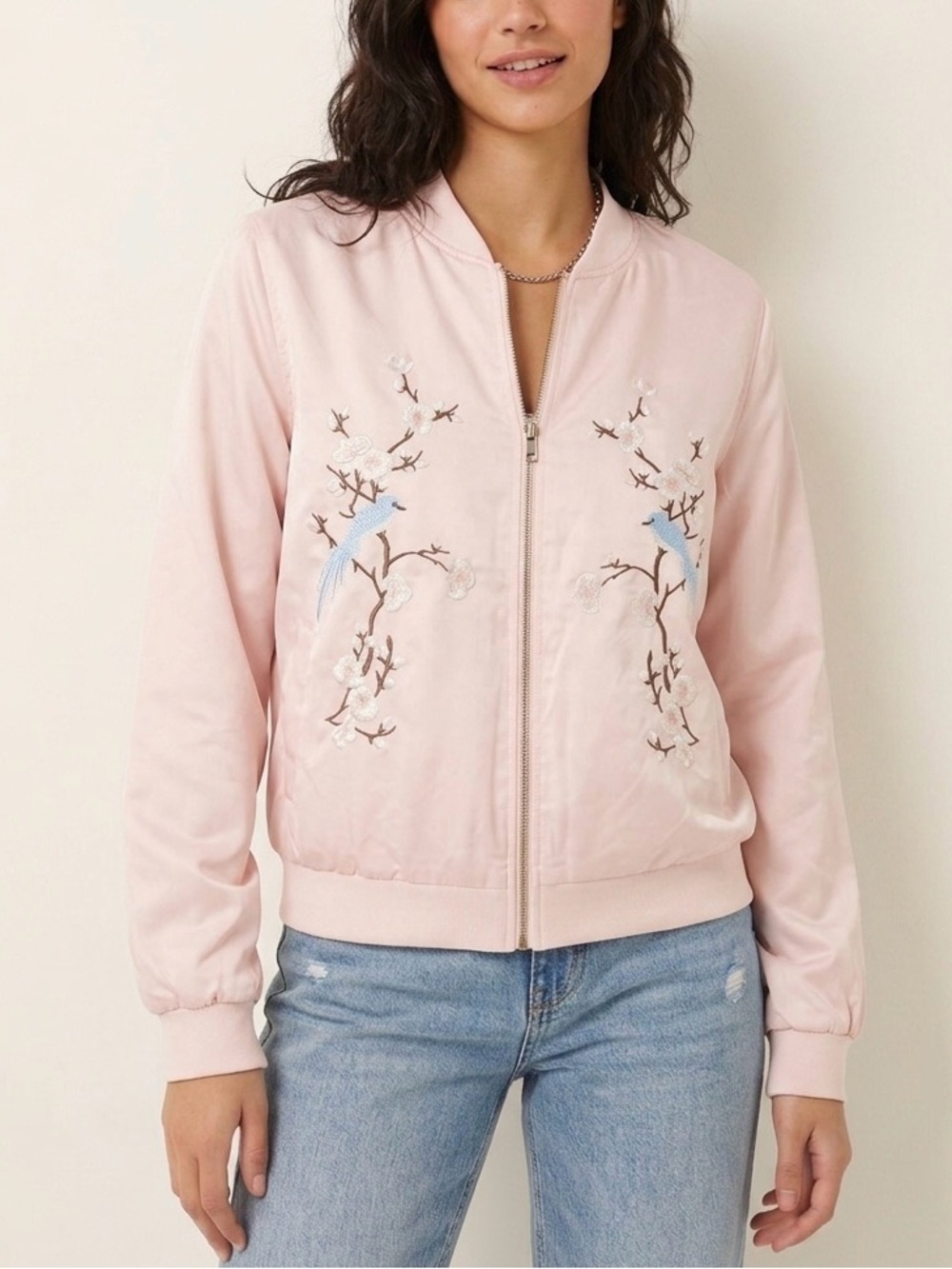 Ci Sono Bomber Jacket Pink Embroidered Floral & Bird Detail - Large